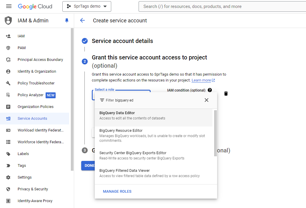 Google Service Account screenshot