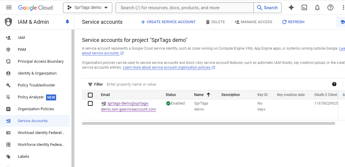 Google Service Account screenshot
