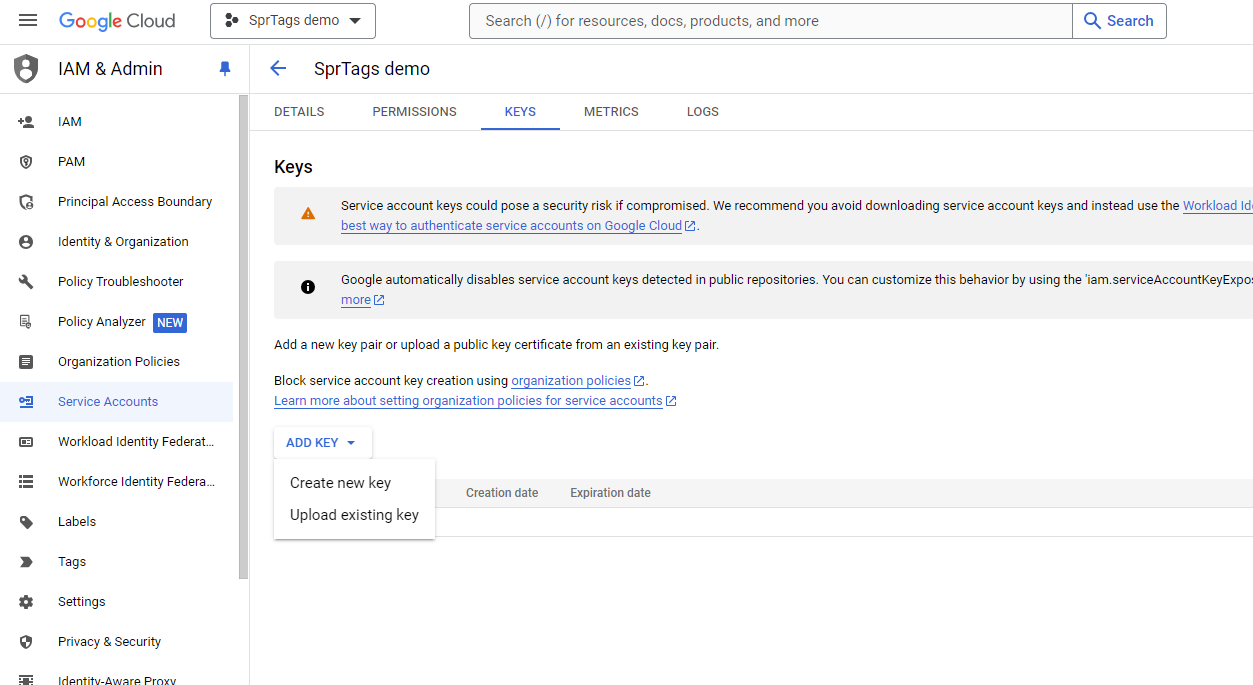 Google Service Account screenshot