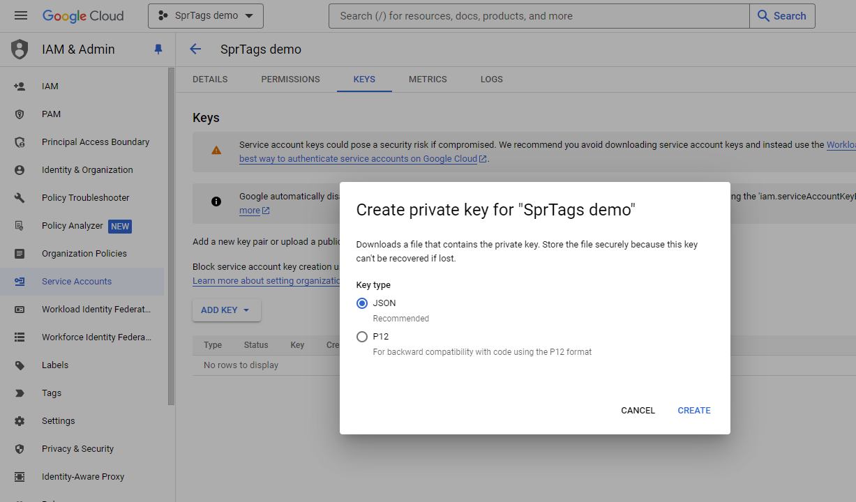 Google Service Account screenshot